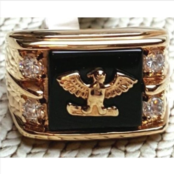 Men's Gold tone Cubic Zirconia Eagle Ring Ring Size 11 Patriotic Black - Picture 2 of 7
